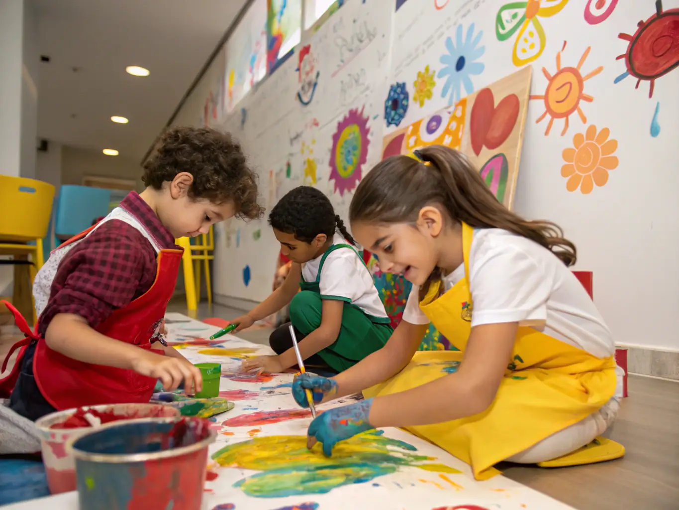 A vibrant photograph capturing participants engaged in a collaborative art workshop, showcasing diverse age groups and artistic expressions, set in a community center with colorful artwork displayed in the background.