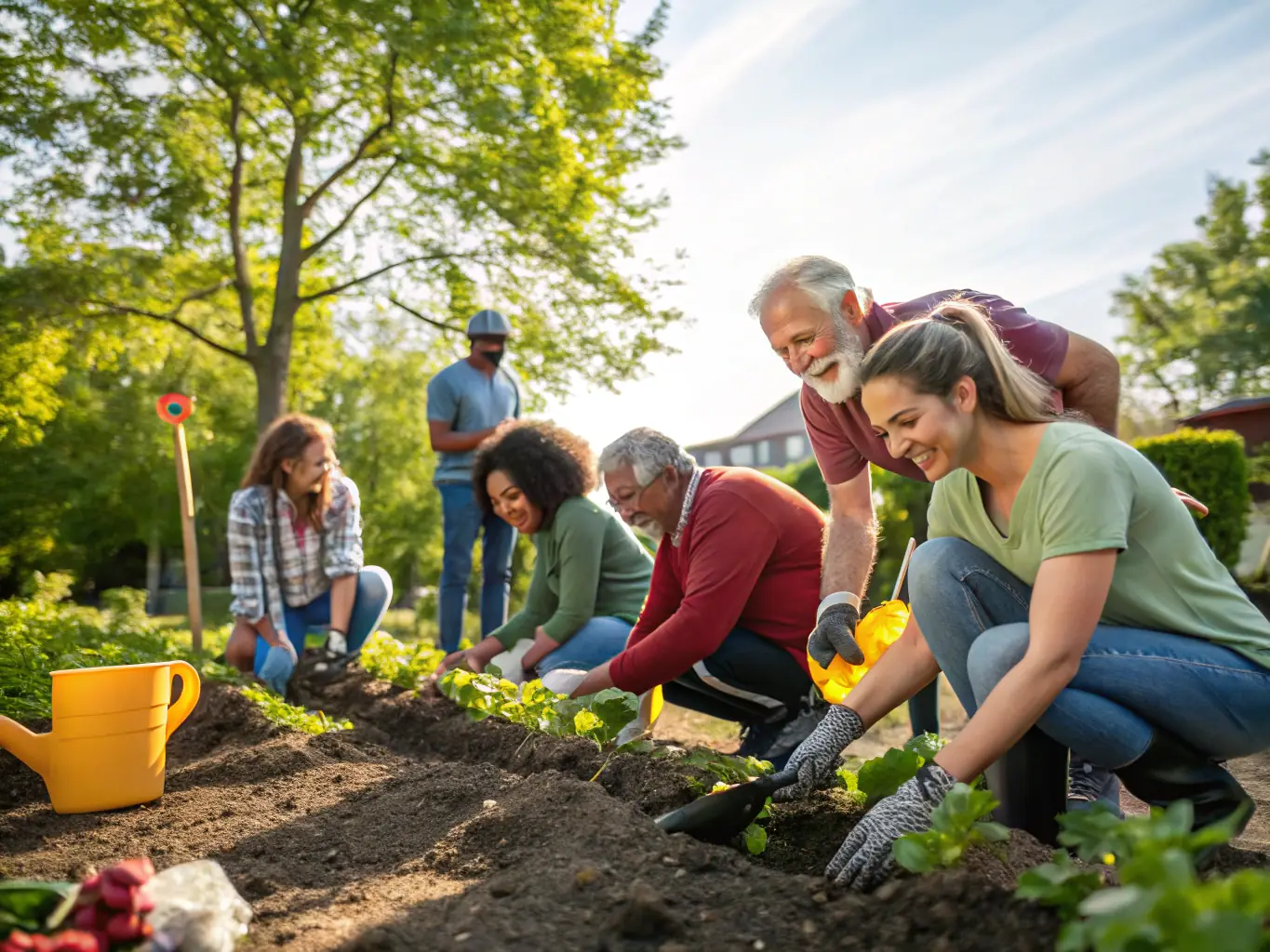 A photograph of a community garden project, showcasing volunteers planting and tending to a garden, emphasizing MAKAZA's dedication to social initiatives and community well-being.